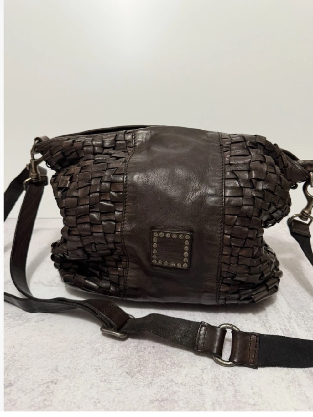 CAMPOMAGGI Edera Shoulder Bag in Dark Brown Woven 100% Leather- gorgeous!